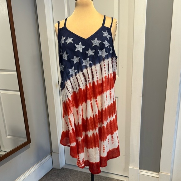 Tie Dye Flag Print Patriotic Dress or Swimsuit Cover-Up semi sheer 4th of July - Picture 2 of 9